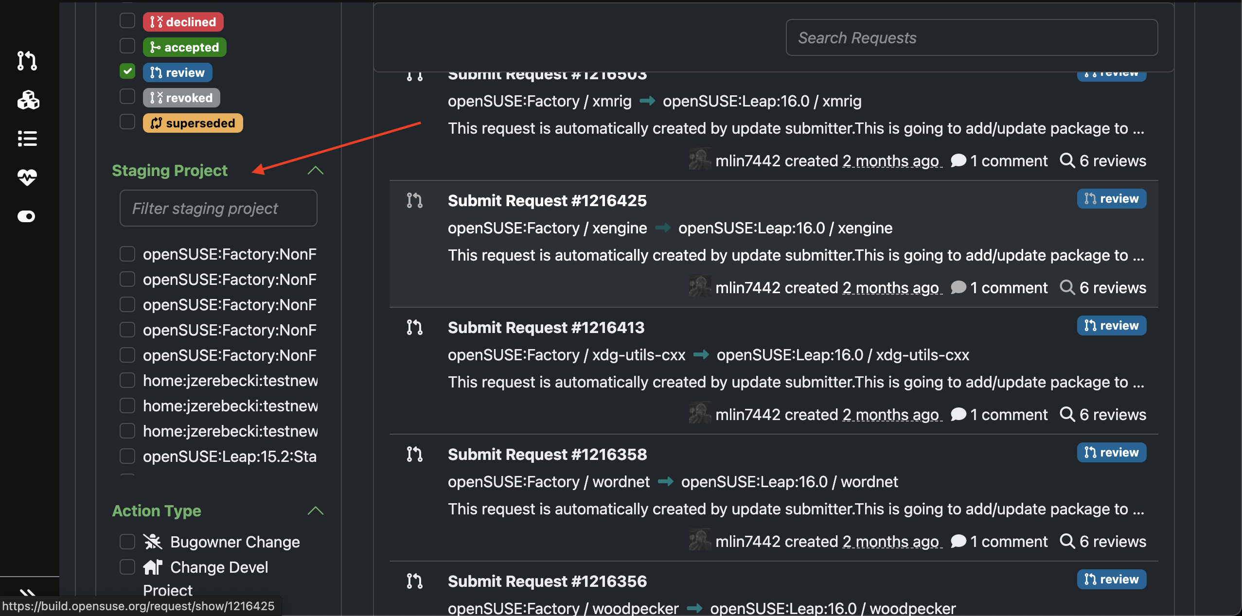 Screenshot of the staging project filter